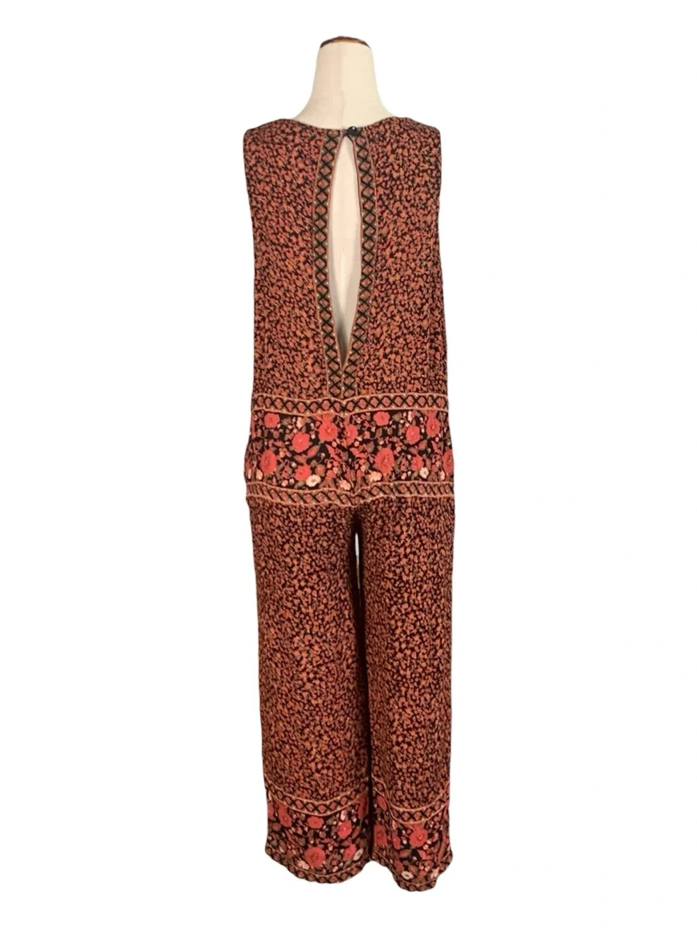 Free‎ People Coral Black Floral Geometric Romper Boho Coastal Cottagecore XS